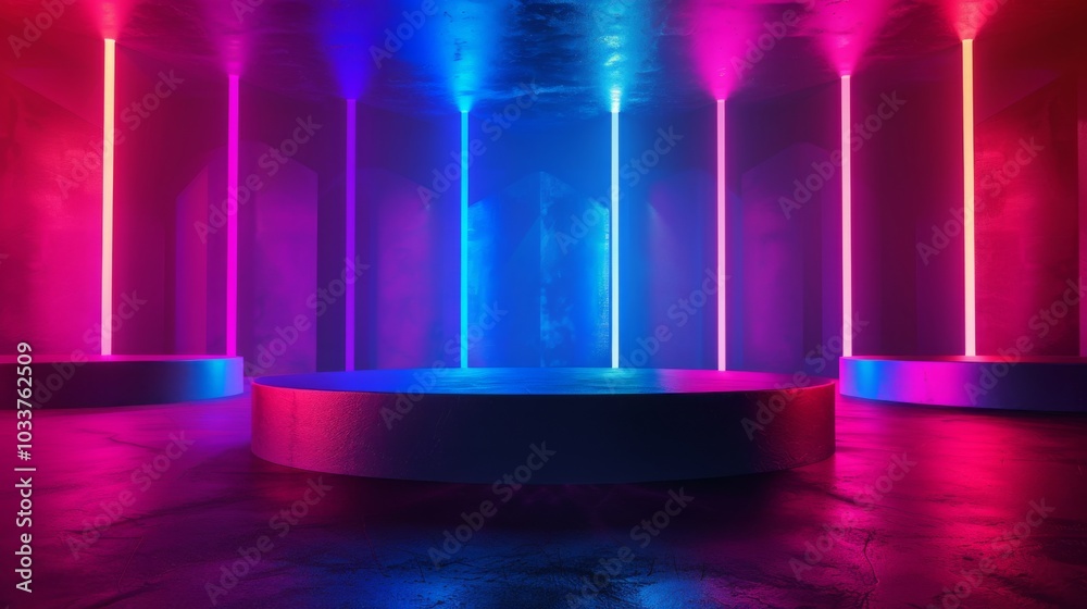 Neon Lights Podium Background with Pink and Blue Colors Neon Lights Podium Background with Pink and Blue Colors