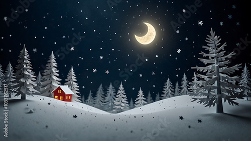 christmas tree in snow paper cut orgami with fireflies and moon in the sky with stars minature