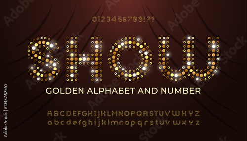 Golden font made of gold glittering sequins. Alphabet from sparkling gold dots, with glitter numbers, upper and lower case letters.