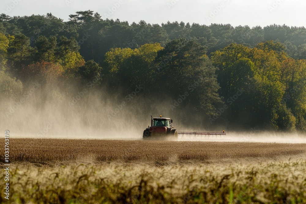Fototapeta premium Tractor sprays dust over field. Perfect for a farming, agriculture, or environmental theme.