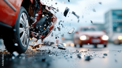 A dramatic image of a red car impacted by a collision, scattering fragments and capturing both the violent force of the impact and its immediate consequences.