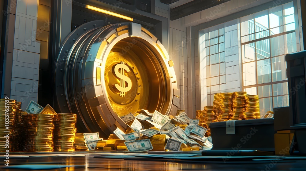 A large vault door being opened to reveal cartoon-style piles of wealth, including oversized stacks of bonds, currency, and shiny gold bars.