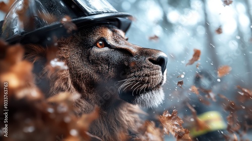 A lion wearing a firefighter's helmet looks into the distance as autumn leaves swirl around in a gentle breeze, creating a surreal and inspiring image. photo