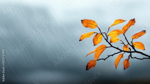 Golden autumn leaves cling to a slender branch, with raindrops adding a glistening sheen. A stark contrast of bright colors and muted rainy sky overhead. photo