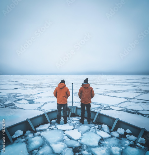 Two explorers standing on a frozen sea as an icebreaker ship navigates through a vast sheet of ice in the background. photo