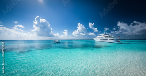 A stunning luxury yacht anchored in crystal-clear tropical waters, the water sparkling under the bright midday sun.