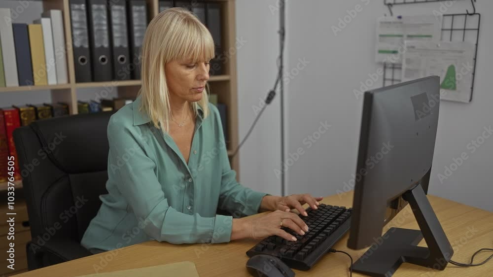 Mature blonde woman working at a desk in an office, focused on typing at a computer in a professional indoor workplace. Mature blonde woman working at a desk in an office, focused on typing at a computer in a professional indoor workplace.