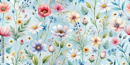 A Seamless Floral Tapestry of Delicate Blooms and Verdant Foliage on a Pastel Blue Canvas