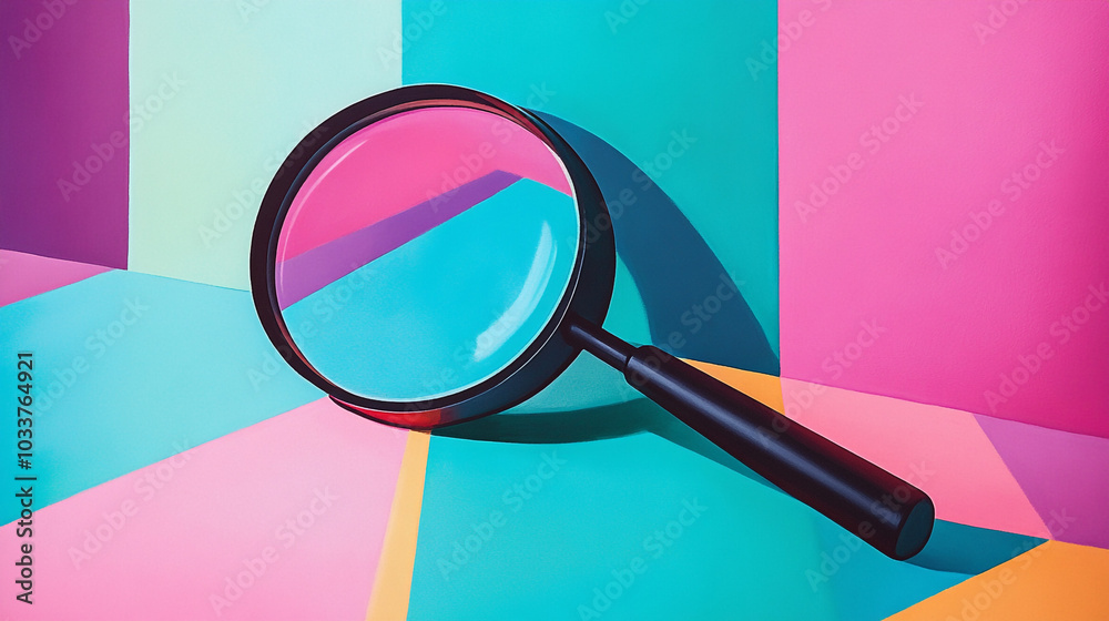 Magnifying Glass on Colorful Geometric Background Magnifying Glass on Colorful Geometric Background