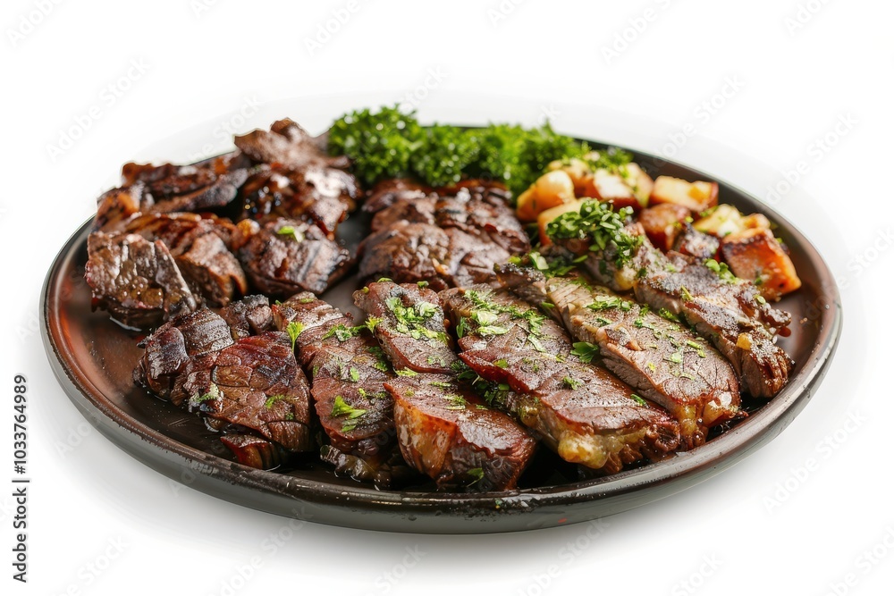 Delicious Churrasco on a Plate Isolated on White Background Perfect for Food Menus, Recipes, and Culinary Presentations Delicious Churrasco on a Plate Isolated on White Background Perfect for Food Menus, Recipes, and Culinary Presentations