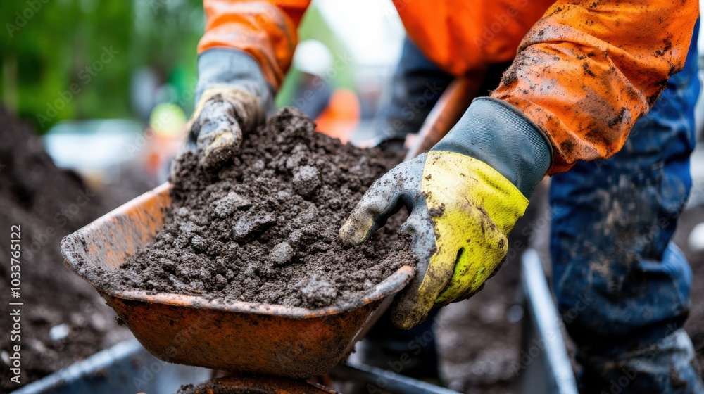 An energetic worker dressed in orange focuses on preparing soil with a wheelbarrow and tools, showcasing labor, diligence, and the building process in construction. An energetic worker dressed in orange focuses on preparing soil with a wheelbarrow and tools, showcasing labor, diligence, and the building process in construction.