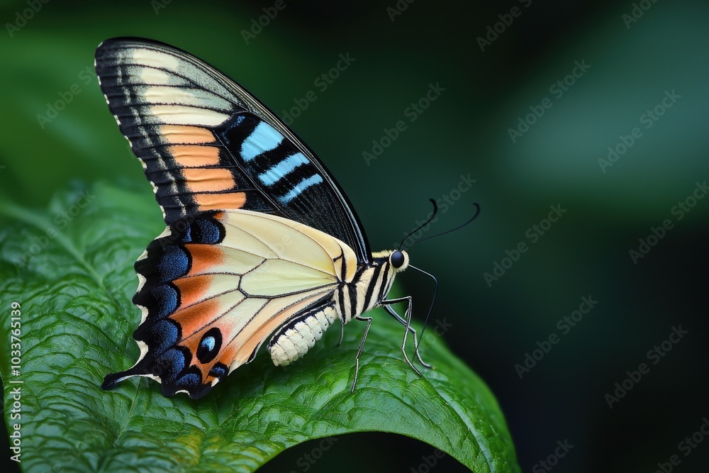 Obraz premium A vibrant butterfly perched delicately on a lush green leaf in a tranquil garden setting