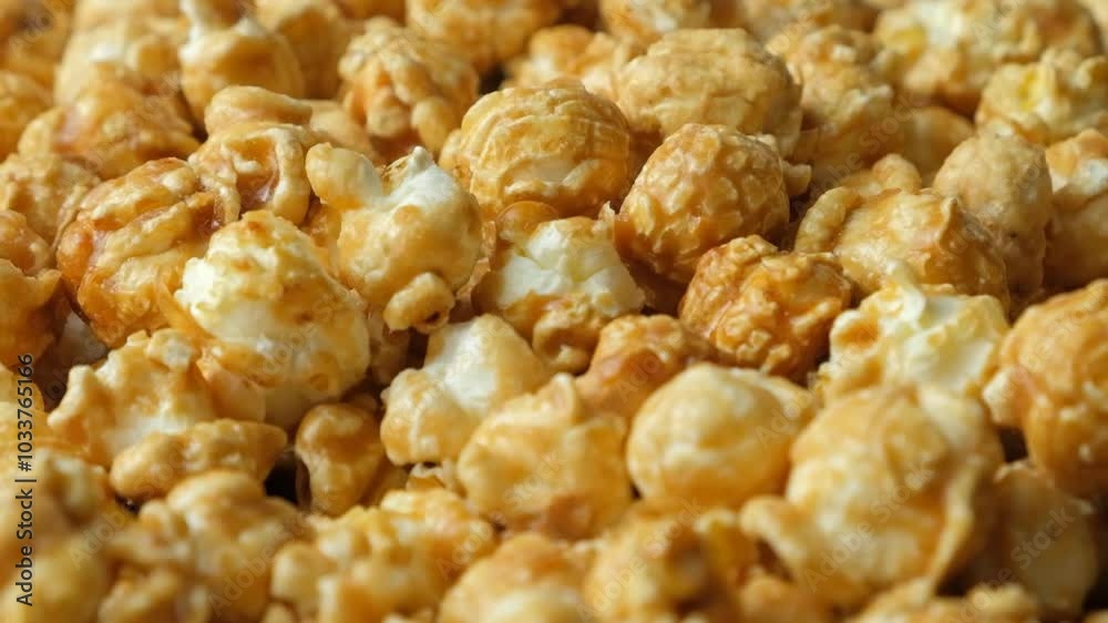 Slow rotation of caramelized sweet popcorn Slow rotation of caramelized sweet popcorn