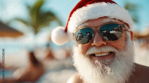 Santa Claus beams joyfully at the camera, relaxed on a sunlit tropical beach, his signature red hat and beard juxtaposed perfectly against summer's vivid backdrop.