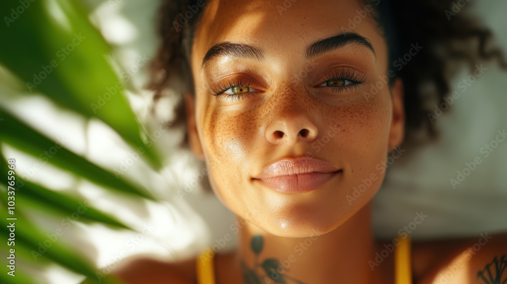 A freckled woman with serene expression lies under natural light surrounded by greenery, embodying peace, beauty, and nature’s harmony, with tattoos on display. A freckled woman with serene expression lies under natural light surrounded by greenery, embodying peace, beauty, and nature’s harmony, with tattoos on display.