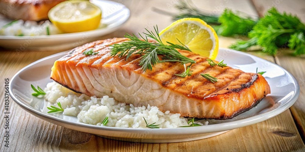 A perfectly grilled salmon filet rests atop a bed of fluffy white rice, adorned with fresh herbs and a vibrant lemon slice, creating a visually enticing culinary masterpiece. A perfectly grilled salmon filet rests atop a bed of fluffy white rice, adorned with fresh herbs and a vibrant lemon slice, creating a visually enticing culinary masterpiece.