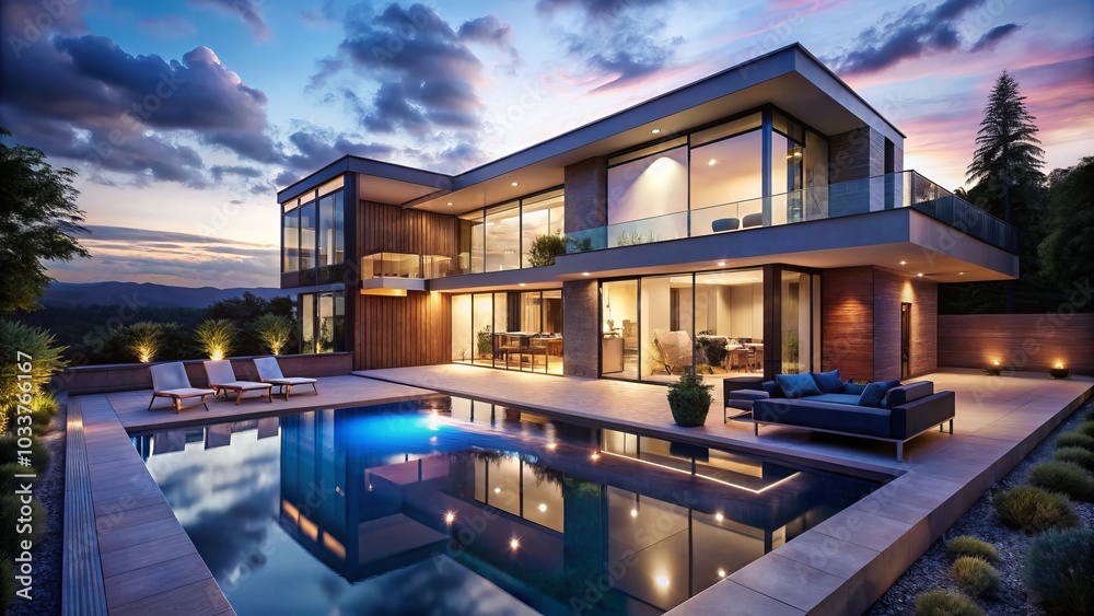 Fototapeta premium Modern Home with Large Windows and Swimming Pool at Night, Smart Lighting Creates Warm Atmosphere, Pool Reflecting Tranquil Night Sky for Aerial Photography