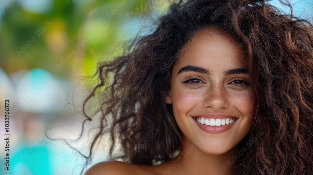 A relaxed woman with voluminous curly hair beams with a smile by the seaside, embodying the essence of relaxation, nature's beauty, and carefree enjoyment. A relaxed woman with voluminous curly hair beams with a smile by the seaside, embodying the essence of relaxation, nature's beauty, and carefree enjoyment.