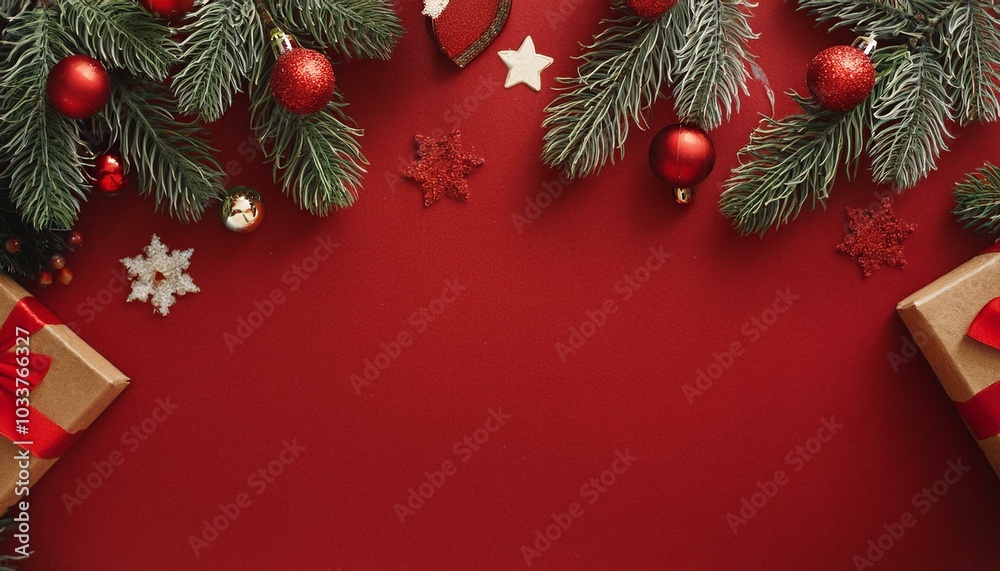 Roter, weihnachtlicher Hintergrund mit Schneeflocken und Christbaumkugeln mit Platz für Text Roter, weihnachtlicher Hintergrund mit Schneeflocken und Christbaumkugeln mit Platz für Text
