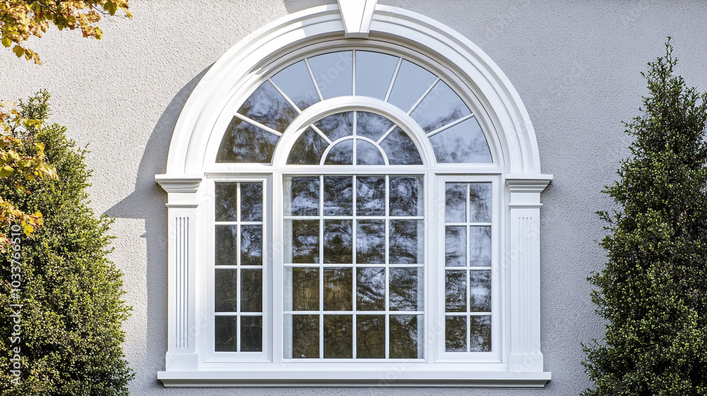 Arched Window with Multiple Panes on Grey Stucco Wall Arched Window with Multiple Panes on Grey Stucco Wall