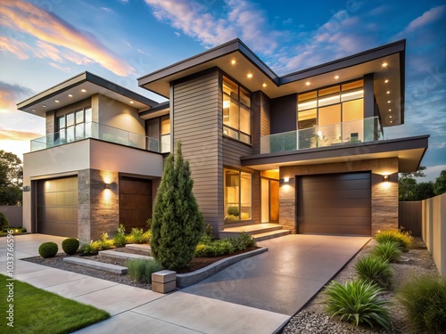 Modern Luxury Home Exterior in Upscale Neighborhood - Angular Design, Neutral Palette, Landscape Photography