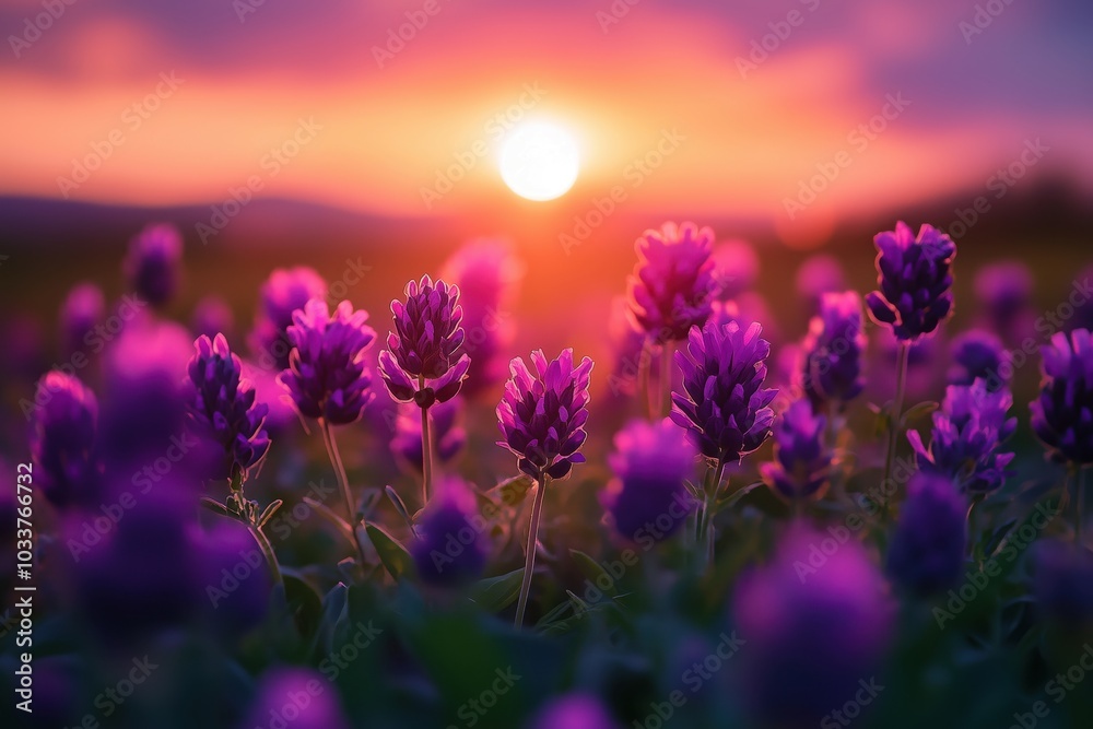 Obraz premium Close-up of purple flowers growing on field during sunset