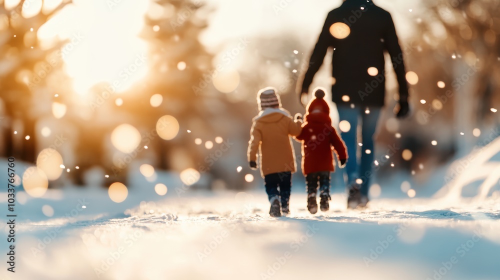 Children walk beside a parent as the setting sun casts a golden glow on the snow-covered path, evoking warmth, familial bonds, and peaceful evening serenity. Children walk beside a parent as the setting sun casts a golden glow on the snow-covered path, evoking warmth, familial bonds, and peaceful evening serenity.