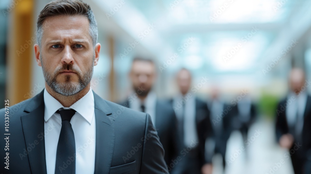An assertive man in a suit stands in focus with a determined expression, while his team of blurred colleagues follows in the background, embodying leadership and drive. An assertive man in a suit stands in focus with a determined expression, while his team of blurred colleagues follows in the background, embodying leadership and drive.