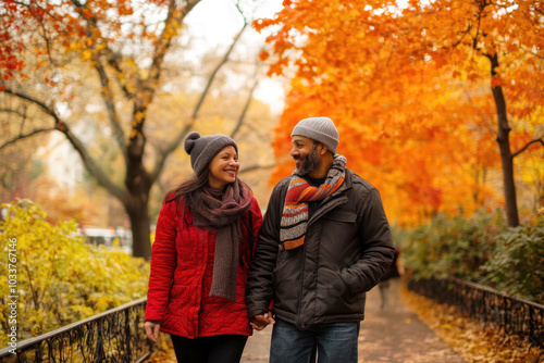 Couple Walking in Autumn Park Holding Hands, Smiling at Each Other in Colorful Foliage photo