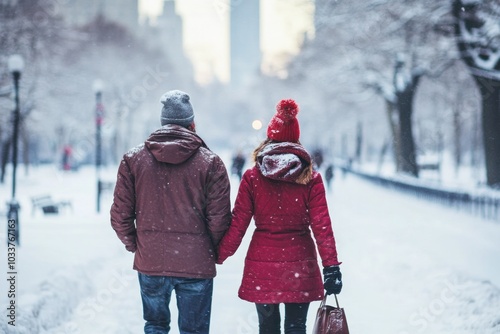 Couple Walking in Snowy Central Park Holding Hands, Wearing Winter Coats and Hats photo