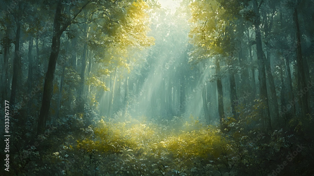 A mystical forest scene features soft, diffused light cascading through treetops, emphasizing lush greenery and dappled lighting that invites viewers into this enchanting natural realm. A mystical forest scene features soft, diffused light cascading through treetops, emphasizing lush greenery and dappled lighting that invites viewers into this enchanting natural realm.