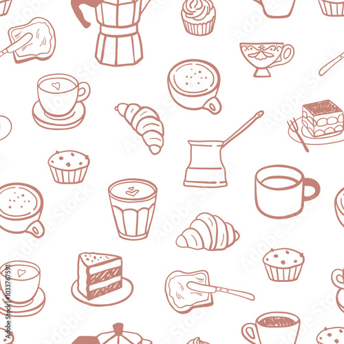 Hand drawn coffee drinks and desserts seamless pattern
