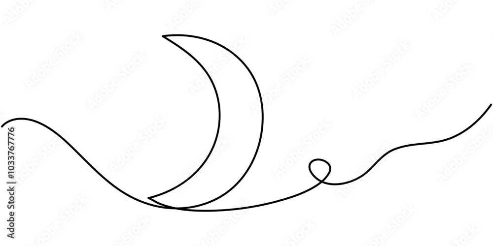 Moon continuous one line drawing of moon outline vector icon, Continuous one line drawing of moon icon. Crescent moon for Ramadan isolated on white background outline vector art illustration Moon continuous one line drawing of moon outline vector icon, Continuous one line drawing of moon icon. Crescent moon for Ramadan isolated on white background outline vector art illustration