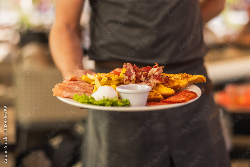 Chef Serving Delicious Breakfast Platter with Eggs and Bacon Chef Serving Delicious Breakfast Platter with Eggs and Bacon