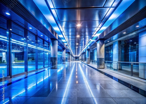 Modern Urban Corridor with Blue Lighting in Business Setting and Transportation Hub, Architectural Elements Highlighting Contemporary Design