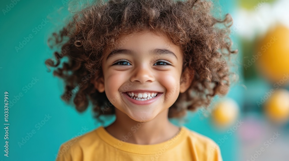 A cheerful child with curly hair beams a bright smile, wearing a yellow shirt, radiating energy and positivity in a sun-dappled outdoor setting. A cheerful child with curly hair beams a bright smile, wearing a yellow shirt, radiating energy and positivity in a sun-dappled outdoor setting.