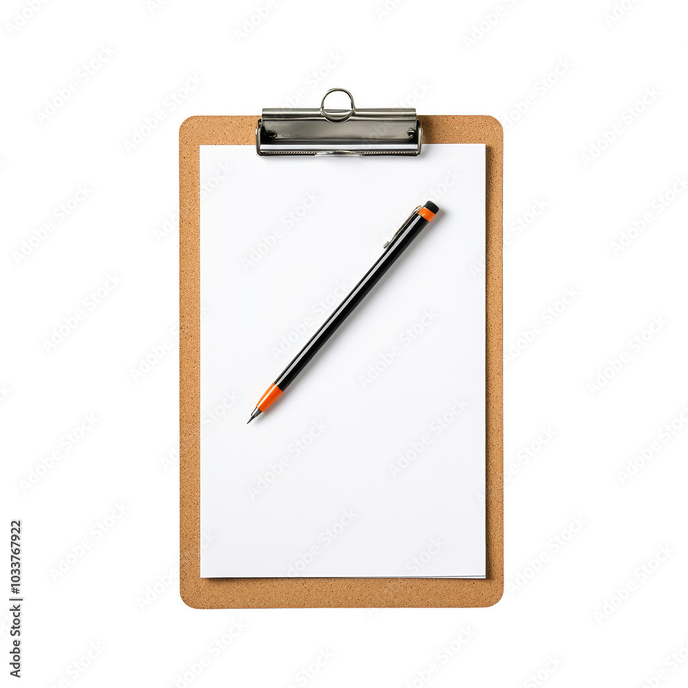 Clipboard with blank paper and pen on a white background. Clipboard with blank paper and pen on a white background.
