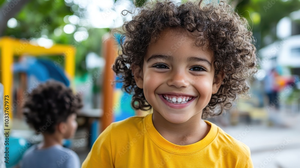 A joyful child with curly hair and a bright yellow shirt smiles widely at the camera against a backdrop of a park with greenery and playground equipment. A joyful child with curly hair and a bright yellow shirt smiles widely at the camera against a backdrop of a park with greenery and playground equipment.