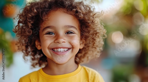 The photo showcases a child with curly hair in a bright yellow shirt, exuding happiness and warmth, against a naturally vibrant blurred background.