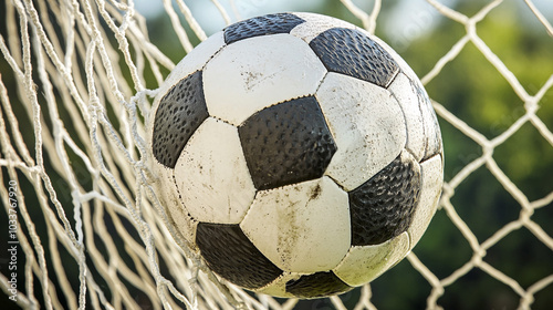 Soccer Ball in Goal Net   Closeup of Football in Net  White and Black  Goal  Game  Sport