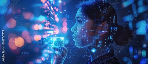 Wallpaper Mural Mysterious cyborg or figure with glowing digital interfaces and futuristic neon lighting backdrop portraying the concept of advanced intelligence technological innovation Torontodigital.ca