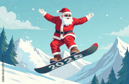 Santa Claus on a snowboard jumps from a ski jump in the mountains