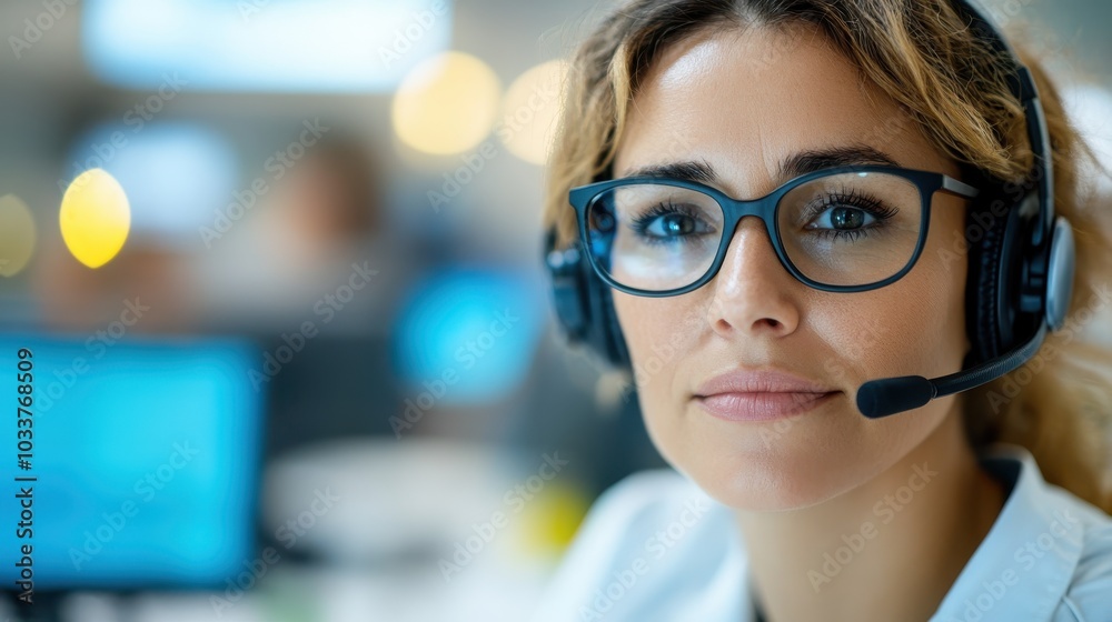 A professional woman wearing a headset and glasses in a bustling office setting, embodying focus and expertise with a touch of modern technology ambiance.