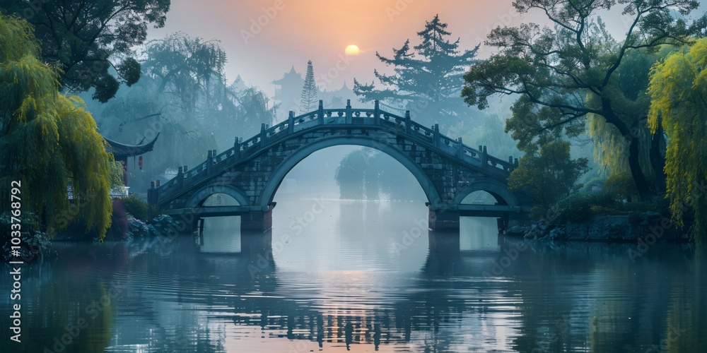 Obraz premium Arched bridge at sunset in a traditional Jiangnan water town, Zhejiang province. A beautiful depiction of Chinese culture with serene waterways, ancient architecture, and golden sunset light reflectin