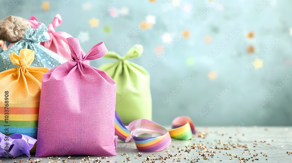Gift Wrapping Station: A table with neatly folded rainbow bags, adjacent to ribbons and tissue paper. Gift Wrapping Station: A table with neatly folded rainbow bags, adjacent to ribbons and tissue paper.