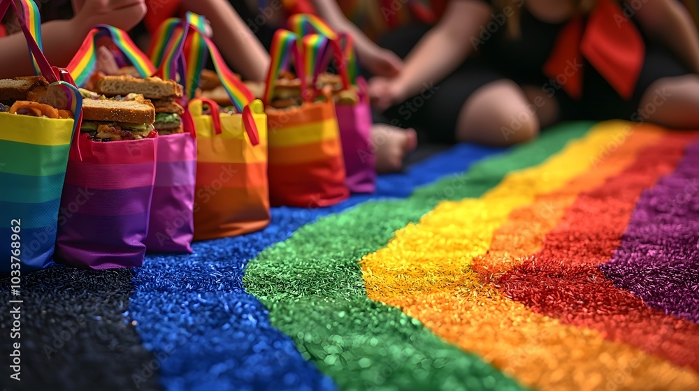 Rainbow Picnic: A family spreading out a picnic blanket, rainbow bags filled with sandwiches and snacks beside them. Rainbow Picnic: A family spreading out a picnic blanket, rainbow bags filled with sandwiches and snacks beside them.