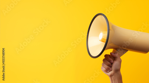 Amplifying Voices: Hand Holding a Megaphone Against a Bright Yellow Background