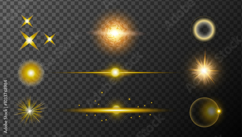 Set stars. Shiny bright golden glowing set stars light effect. Lights flare, star flash light, sun rays.Glowing light effect.Glow effect for game interface design on  transparent background.