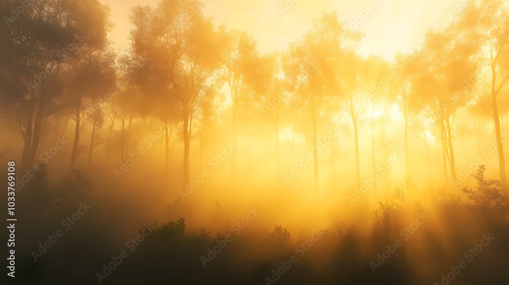 A serene foggy forest scene at dawn showcases soft golden sunlight filtering through mist, creating an ethereal atmosphere with glowing silhouettes of trees and tranquil foliage. A serene foggy forest scene at dawn showcases soft golden sunlight filtering through mist, creating an ethereal atmosphere with glowing silhouettes of trees and tranquil foliage.