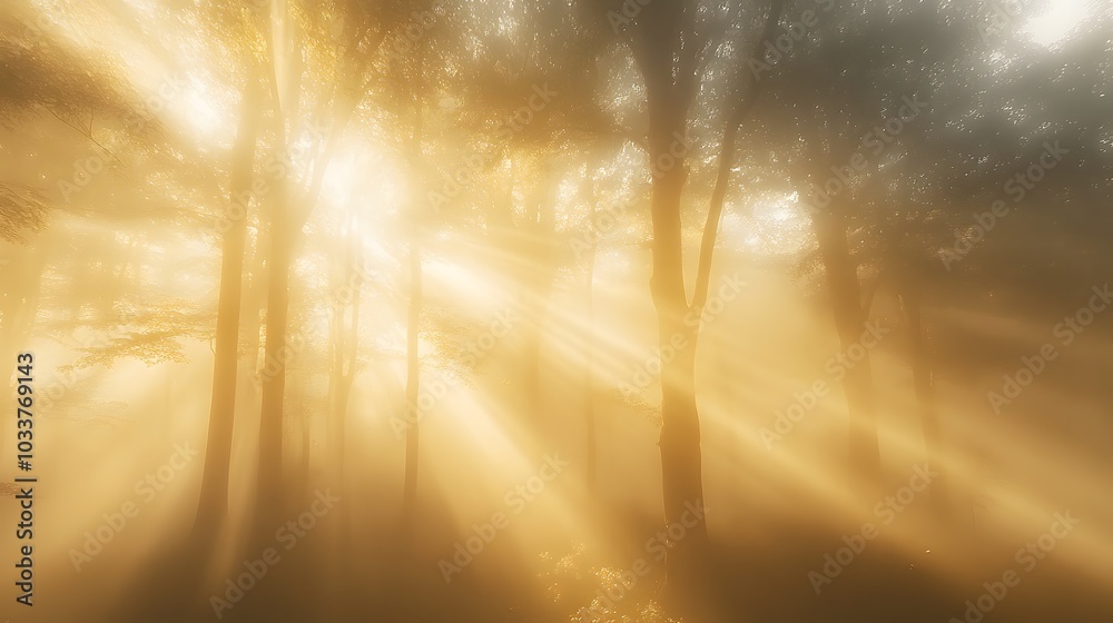 Fototapeta premium A serene foggy forest scene at dawn showcases soft golden sunlight filtering through mist, creating an ethereal atmosphere with glowing silhouettes of trees and tranquil foliage.